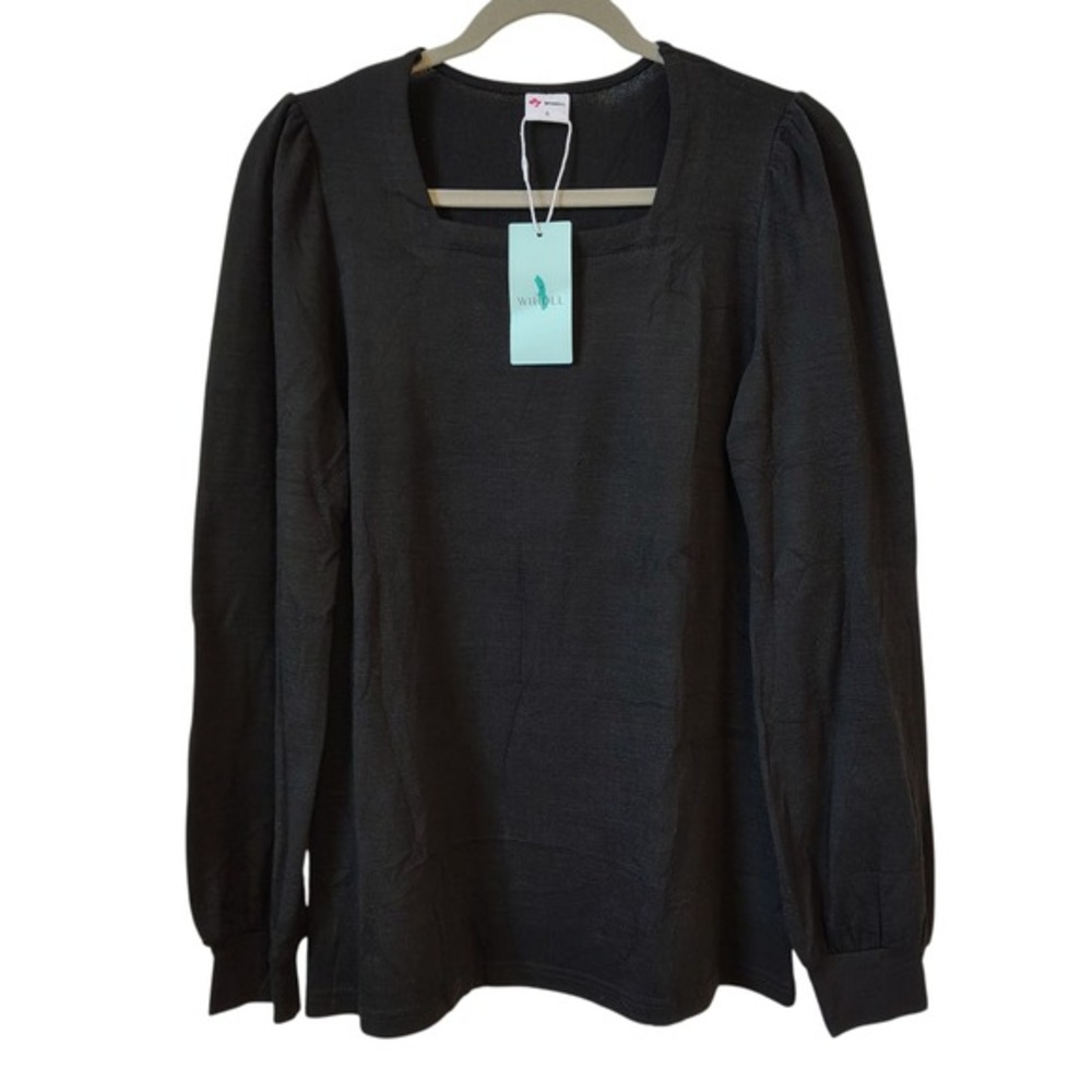 WIHOLL Women's Long Sleeve Top Size Small Black Square Neck Puff Sleeve Textured